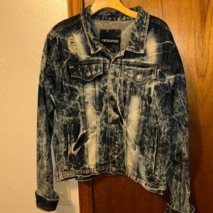 RARE DENIM JACKET ENCRYPTED XL HEAVILY DARK WHITE WASH NAVY BLUE JEAN JACKET XL